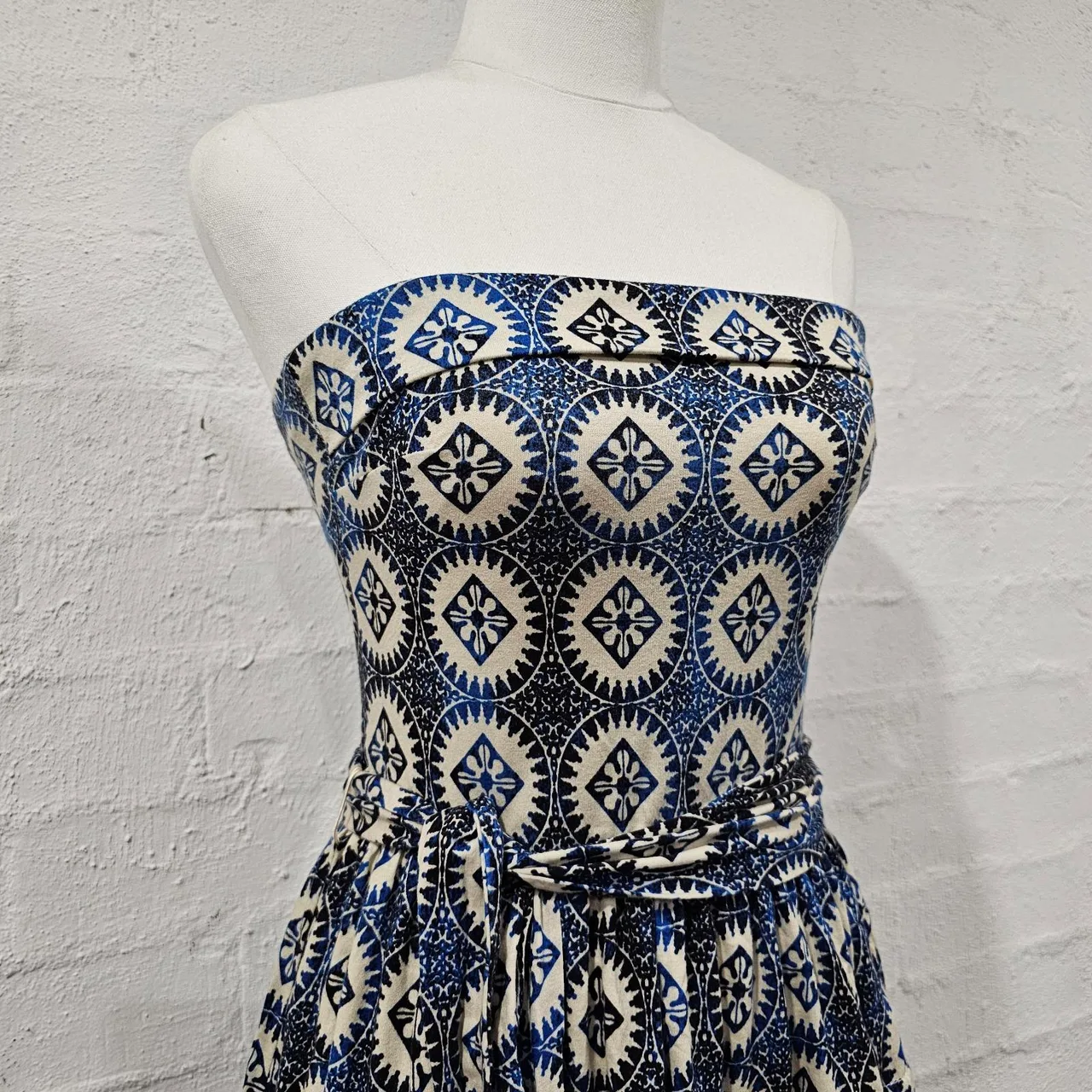 Mango Suit Strapless Geometric Medallion Print Tube Dress Blue Cream Sz S – photo 2
