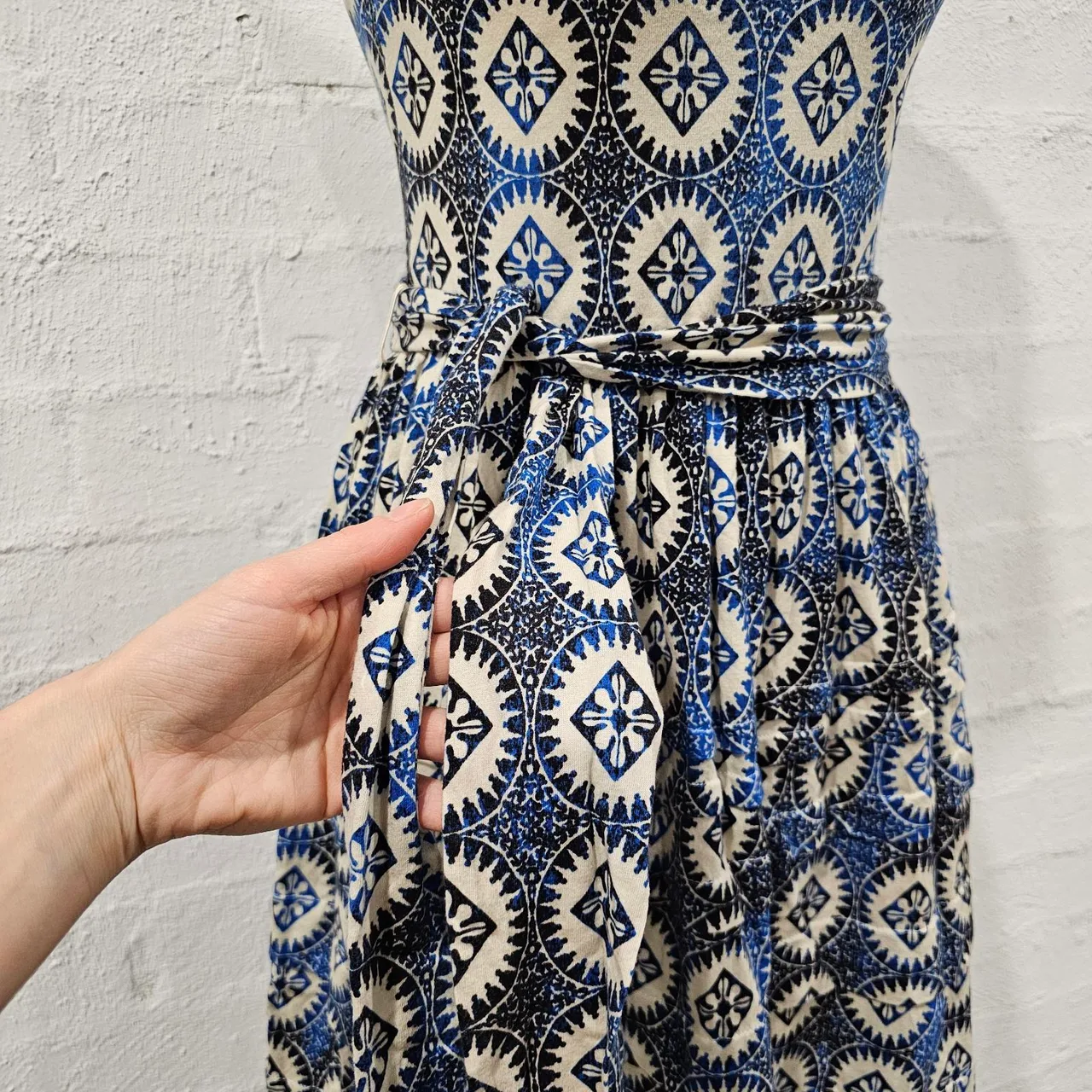 Mango Suit Strapless Geometric Medallion Print Tube Dress Blue Cream Sz S – photo 3