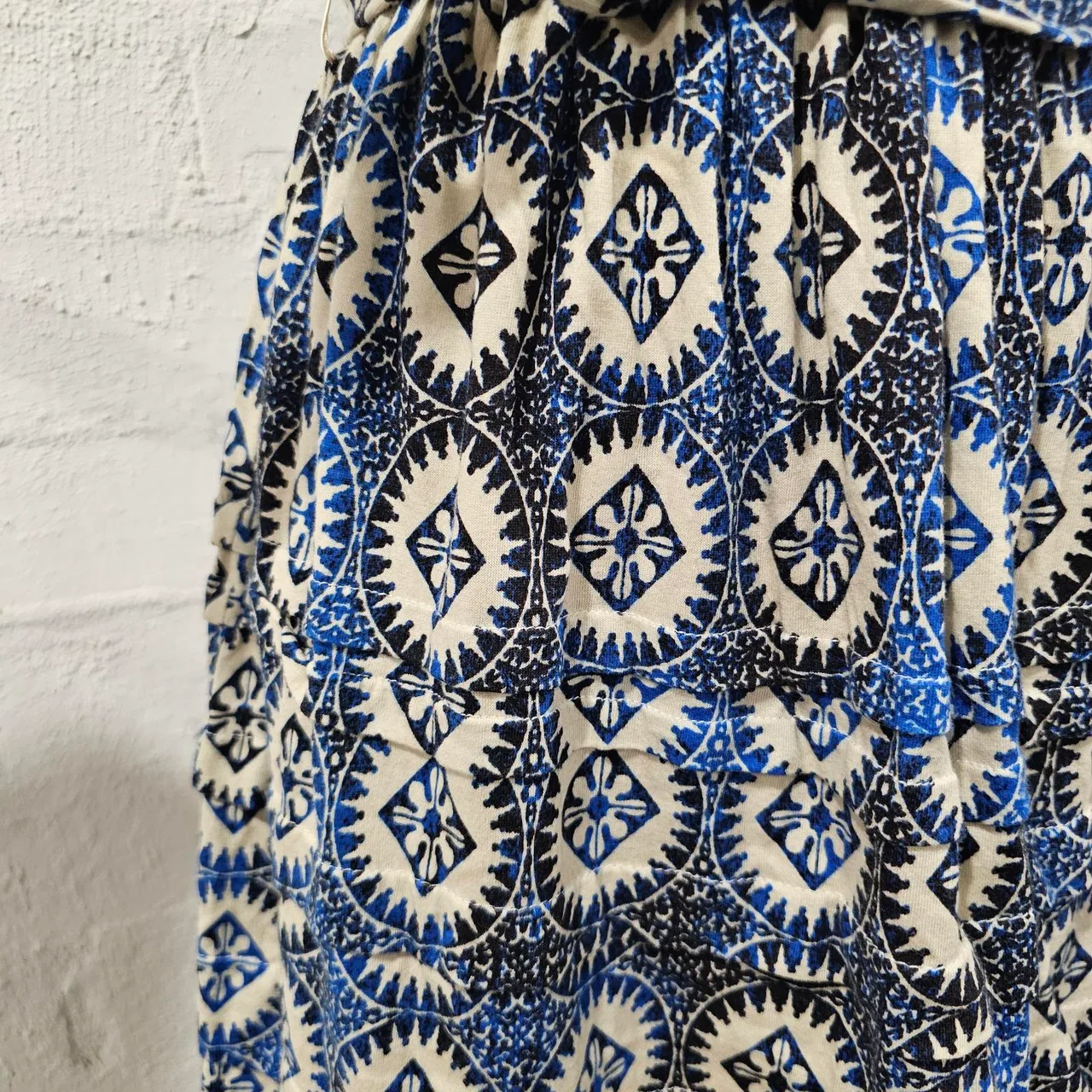 Mango Suit Strapless Geometric Medallion Print Tube Dress Blue Cream Sz S – photo 5