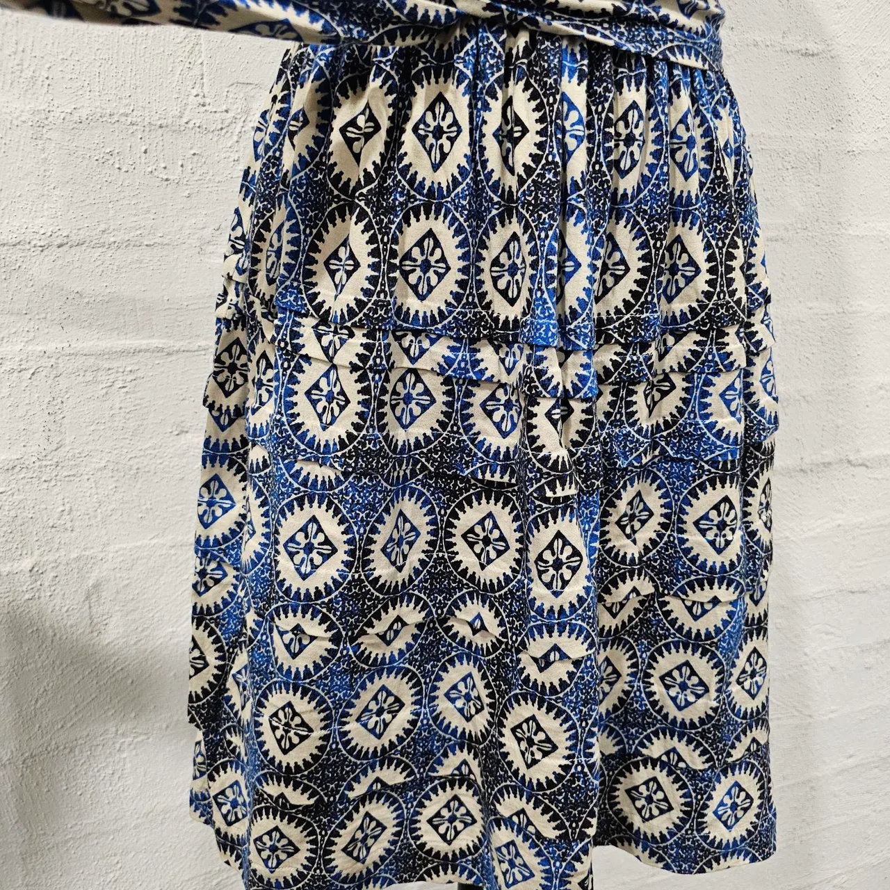 Mango Suit Strapless Geometric Medallion Print Tube Dress Blue Cream Sz S – photo 4