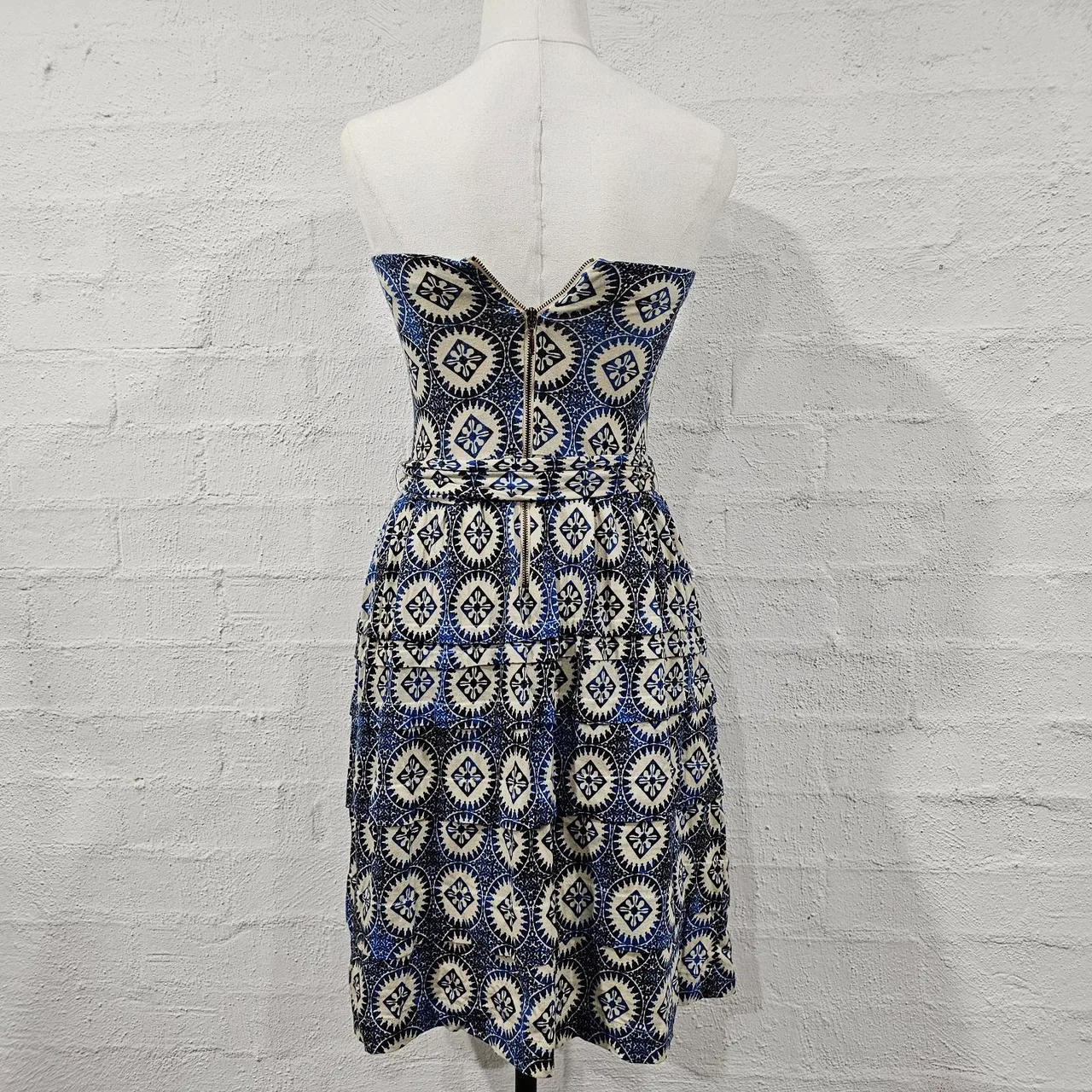 Mango Suit Strapless Geometric Medallion Print Tube Dress Blue Cream Sz S – photo 6