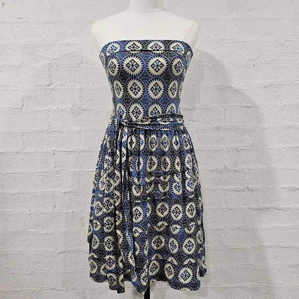 Mango Suit Strapless Geometric Medallion Print Tube Dress Blue Cream Sz S