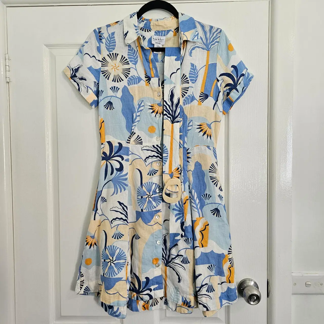 Nicole Miller NY Linen Belted Tropical Print Mini Shirt Dress XS Coastal Resort – photo 2