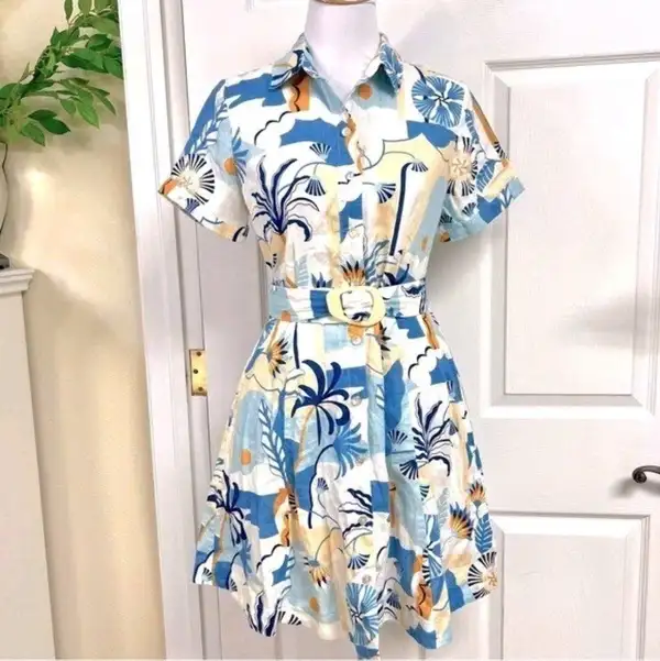 Nicole Miller NY Linen Belted Tropical Print Mini Shirt Dress XS Coastal Resort