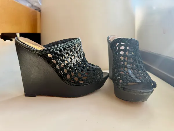 Black platform wedge leather woven mules- EU37.5