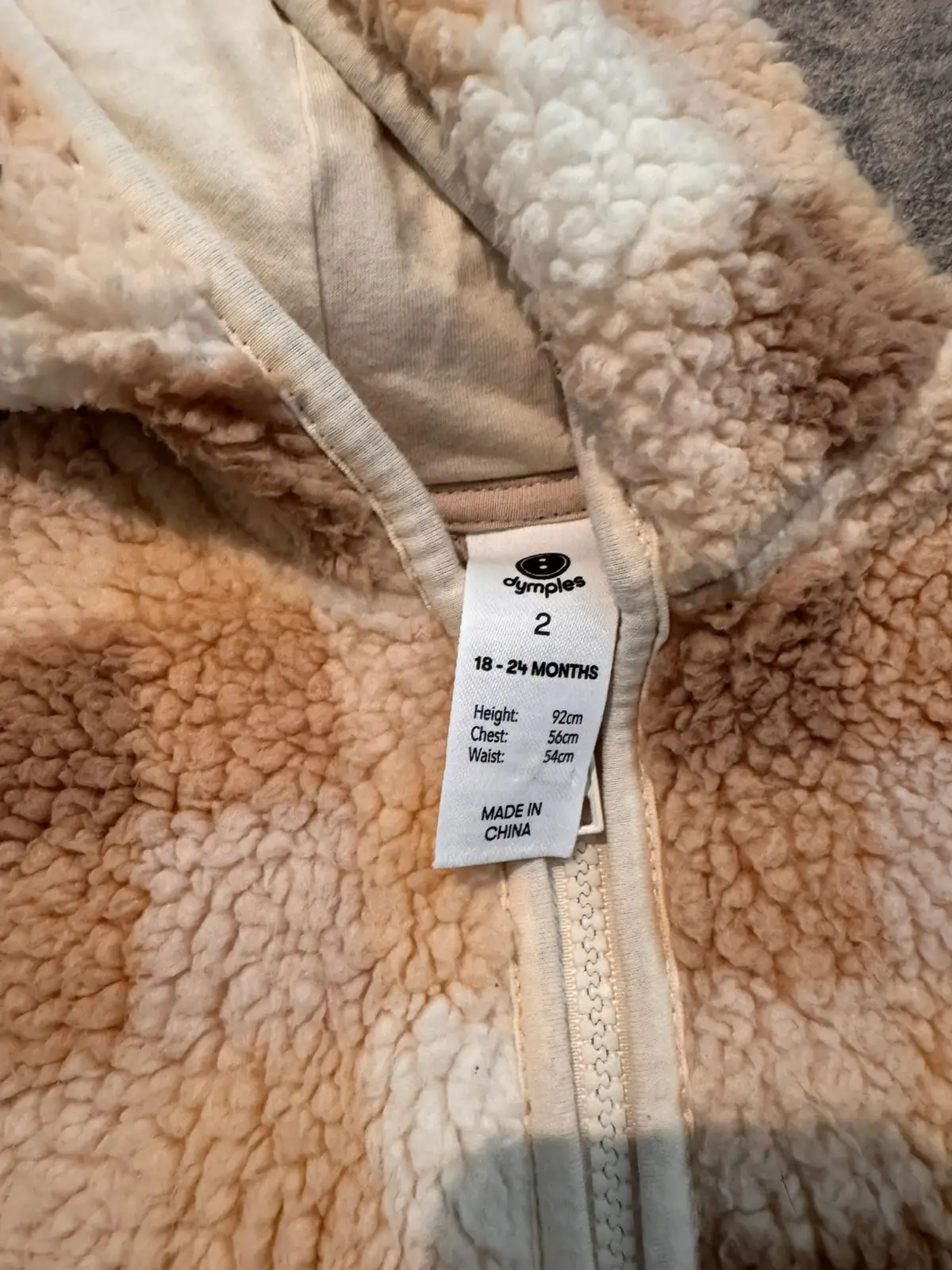 Dymples baby teddy fleece hooded jacket beige brown check size 2 – photo 2
