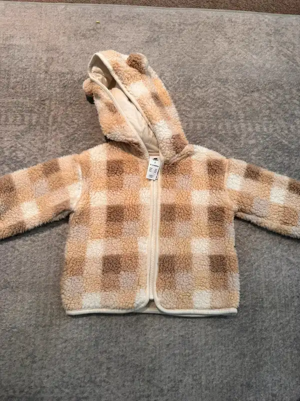 Dymples baby teddy fleece hooded jacket beige brown check size 2