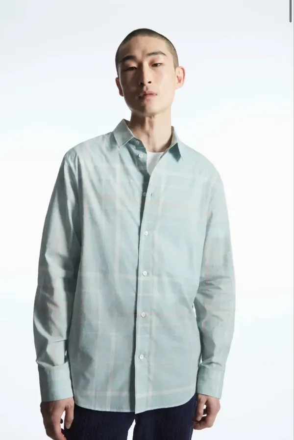 COS Mens Windowpane Checked Shirt Large Relaxed Fit Cotton Blue BNWT