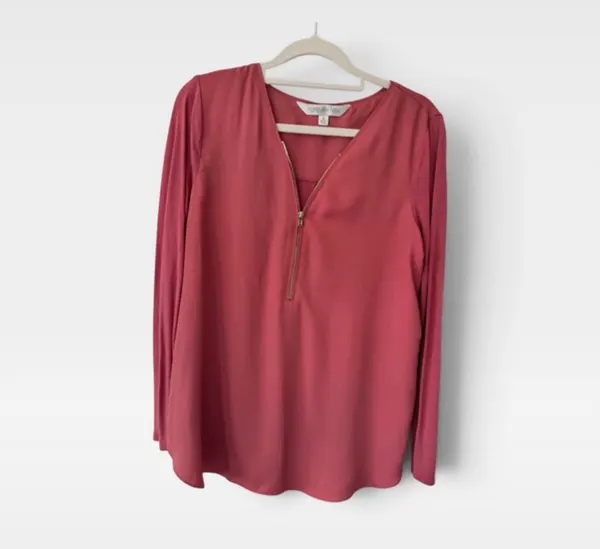 Forever New Women’s Size S Coral Pink Zip Front Long Sleeve Blouse Top