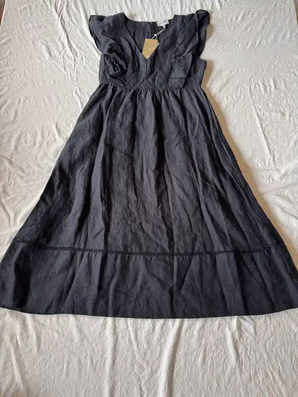 Piper Petites Navy Linen Maxi Dress Size 10 Ruffle Sleeve BNWT - Damaged