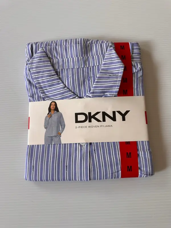 DKNY Women’s Blue Striped Cotton Blend Long Pyjama Set Size M BNWT