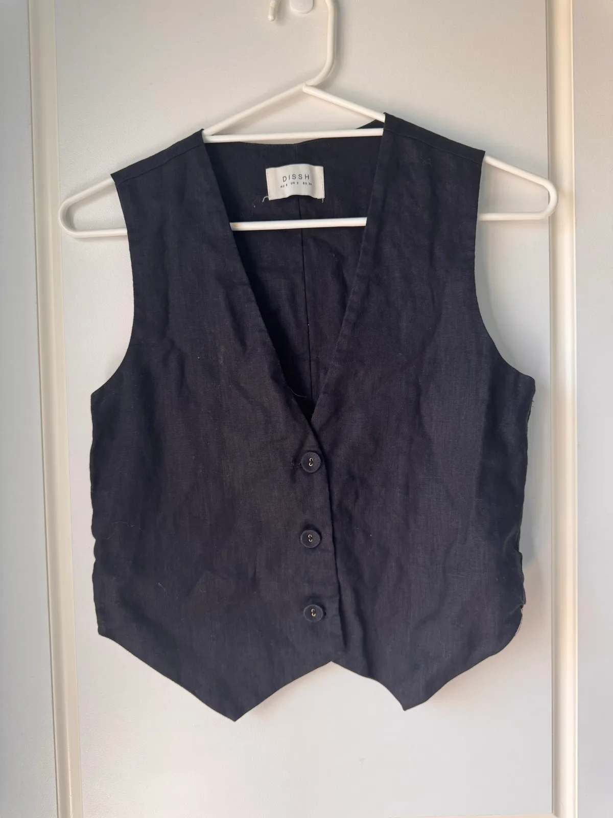DISSH Womens Black 100% Linen Tailored Vest Size 6 Button Front Waistcoat – photo 2