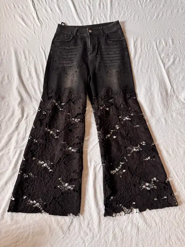Black Floral Lace Wide Leg Flare Jeans Beaded Detail XL BNWOT