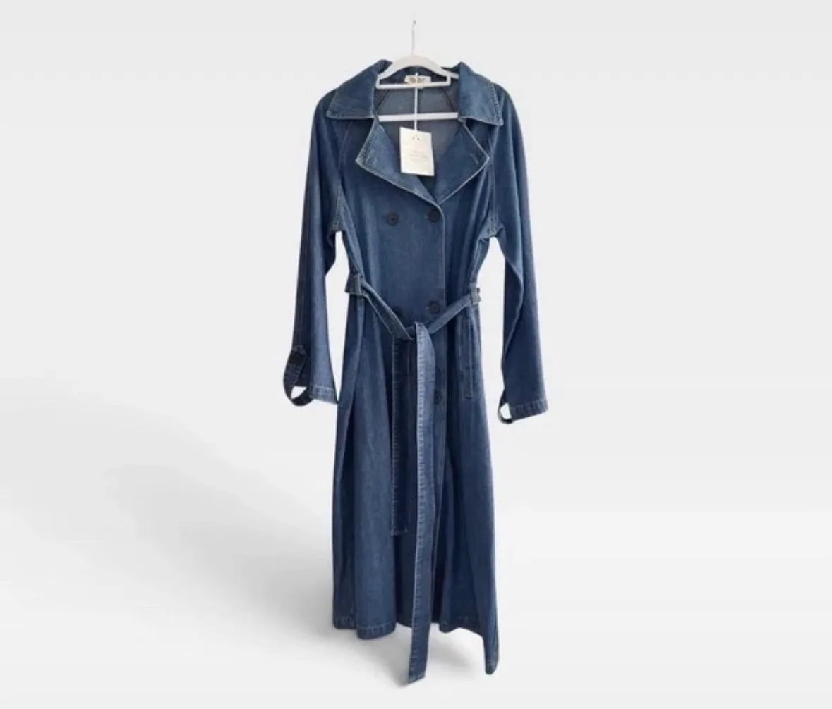 Smaibulun Denim Trench Coat Size M – NWT – Longline Belted Blue Denim – photo 2
