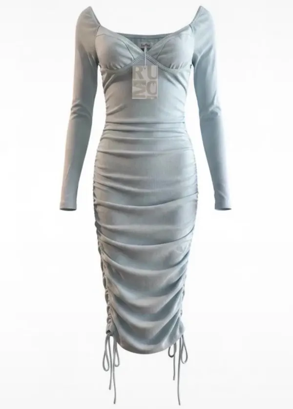 Rumor Blue Ribbed Ruched Long Sleeve Midi Dress Size 6 NWT