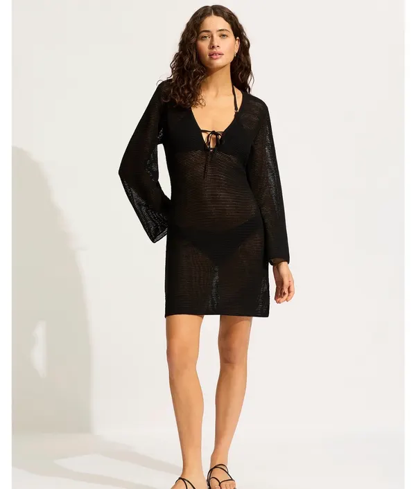 Seafolly Beach Edit Mesh Knit Cover Up Black Size L BNWT