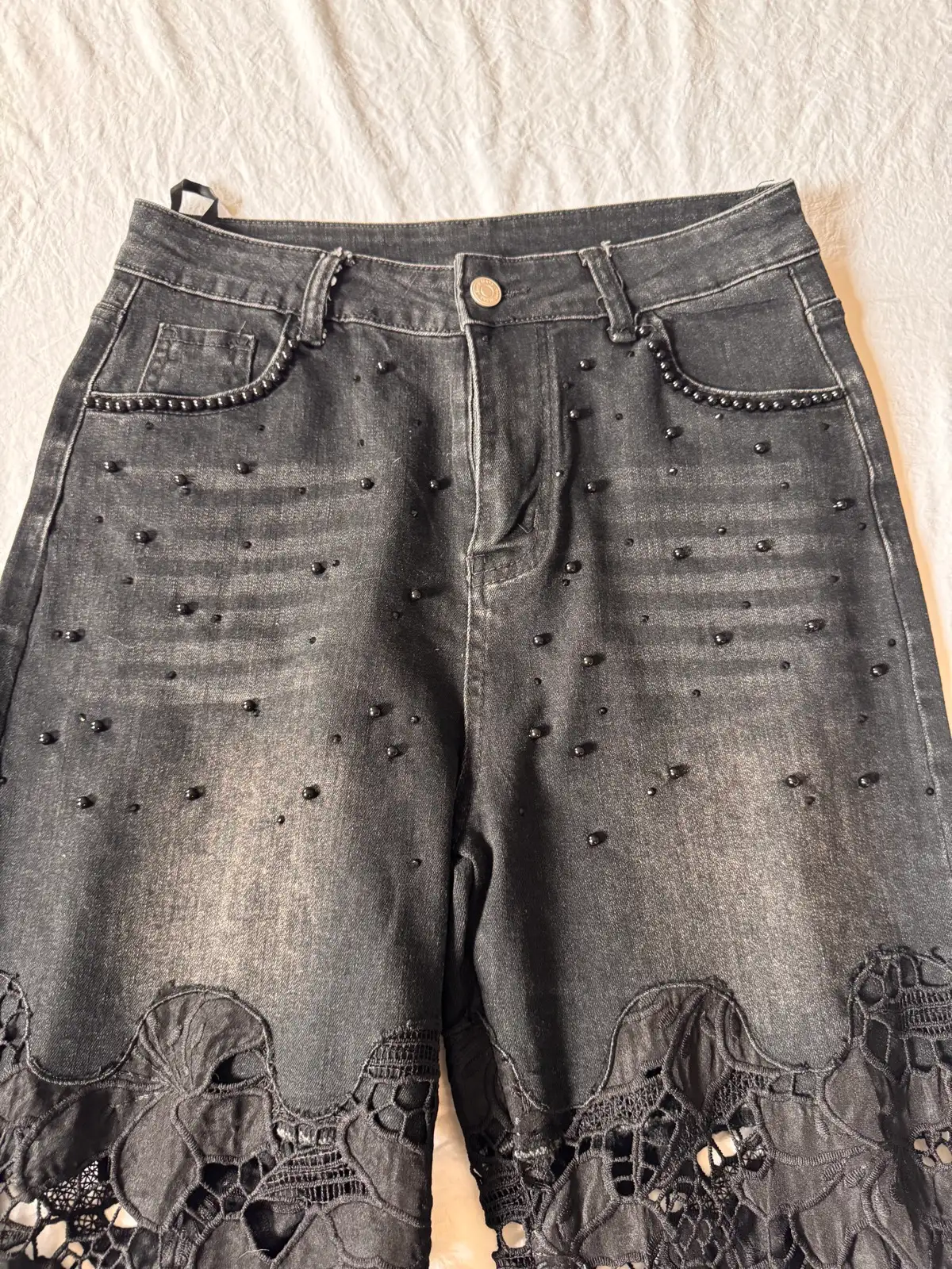 Black Floral Lace Wide Leg Flare Jeans Beaded Detail XL BNWOT – photo 3