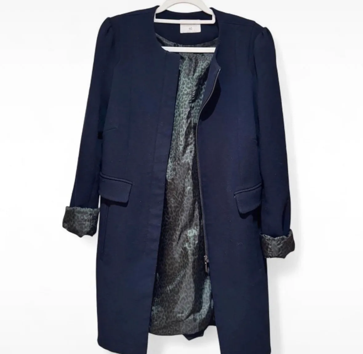 Luigi Bertolli City Navy Longline Coat Size 40 Leopard Lining – photo 2