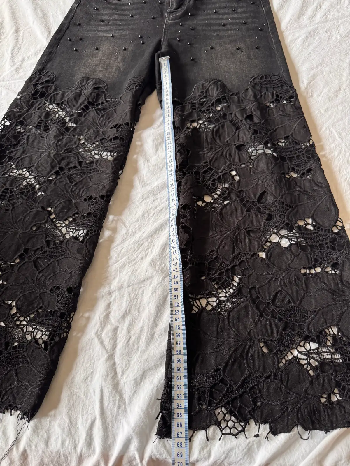 Black Floral Lace Wide Leg Flare Jeans Beaded Detail XL BNWOT – photo 7