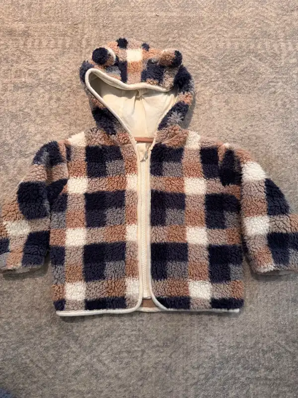 Dymples baby boys checked teddy fleece hooded jacket size 2