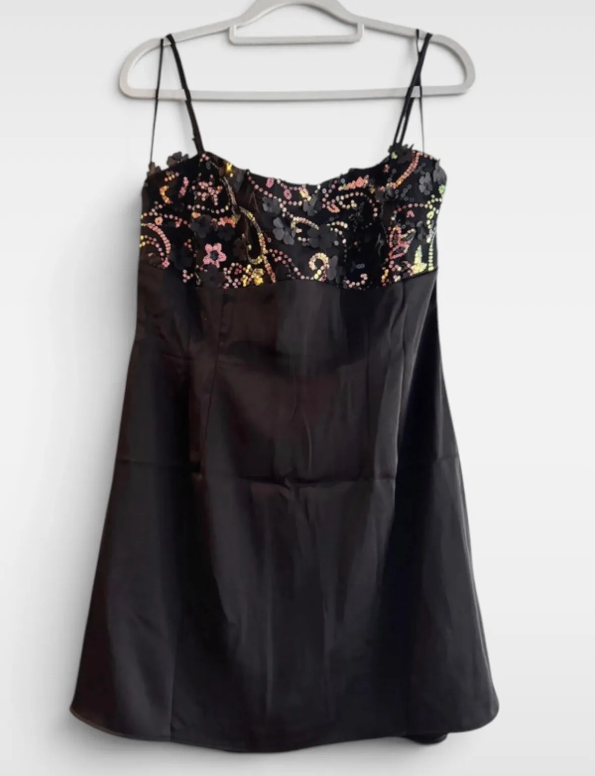 Luvalot Black Satin Sequin Floral Mini Dress Size 12 NWT – photo 2