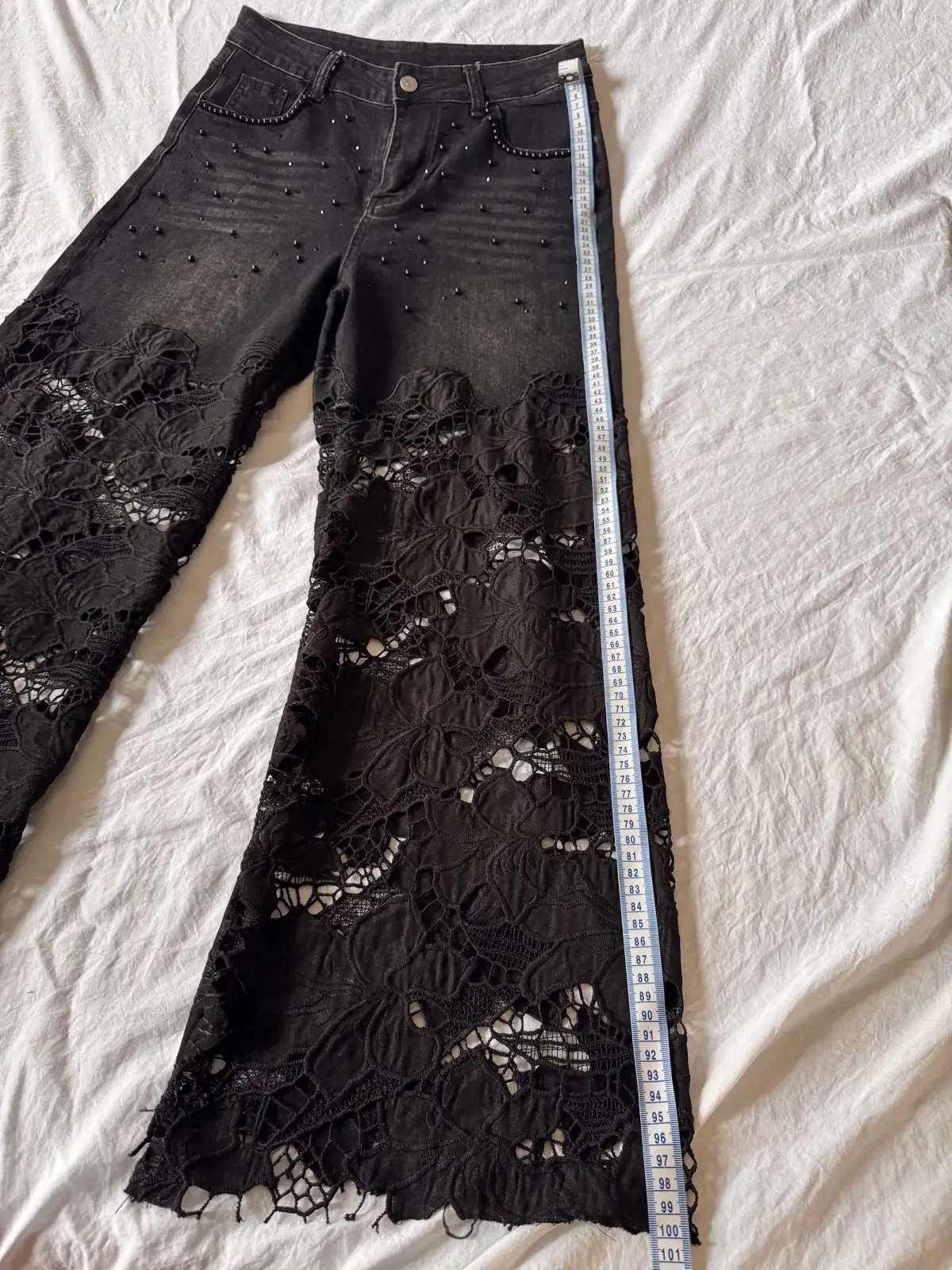 Black Floral Lace Wide Leg Flare Jeans Beaded Detail XL BNWOT – photo 6
