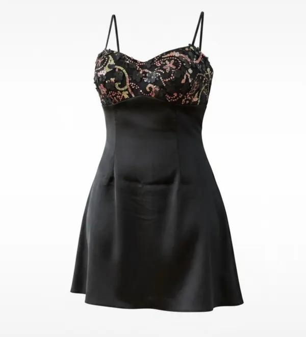 Luvalot Black Satin Sequin Floral Mini Dress Size 12 NWT