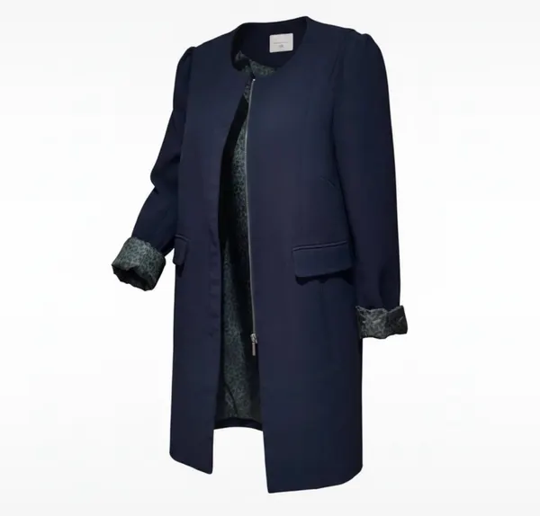 Luigi Bertolli City Navy Longline Coat Size 40 Leopard Lining