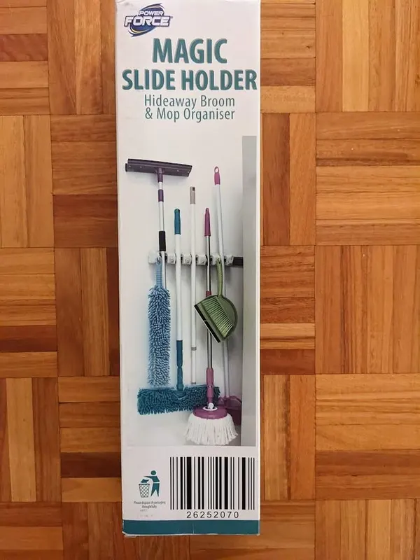 Magic Slide Holder hideaway 5 position Mop Broom organiser NEW in box