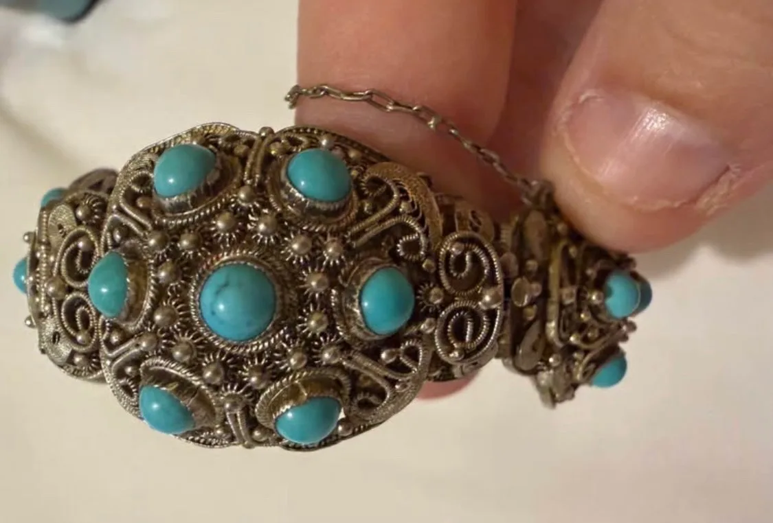 Vintage Chinese Export Silver Filigree Turquoise Panel Bracelet - Stamped – photo 6