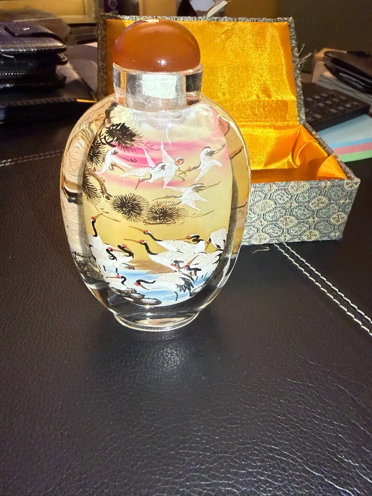 Vintage Chinese Inside-Painted Glass Snuff Bottle - Red-Crowned Cranes & Box – photo 7