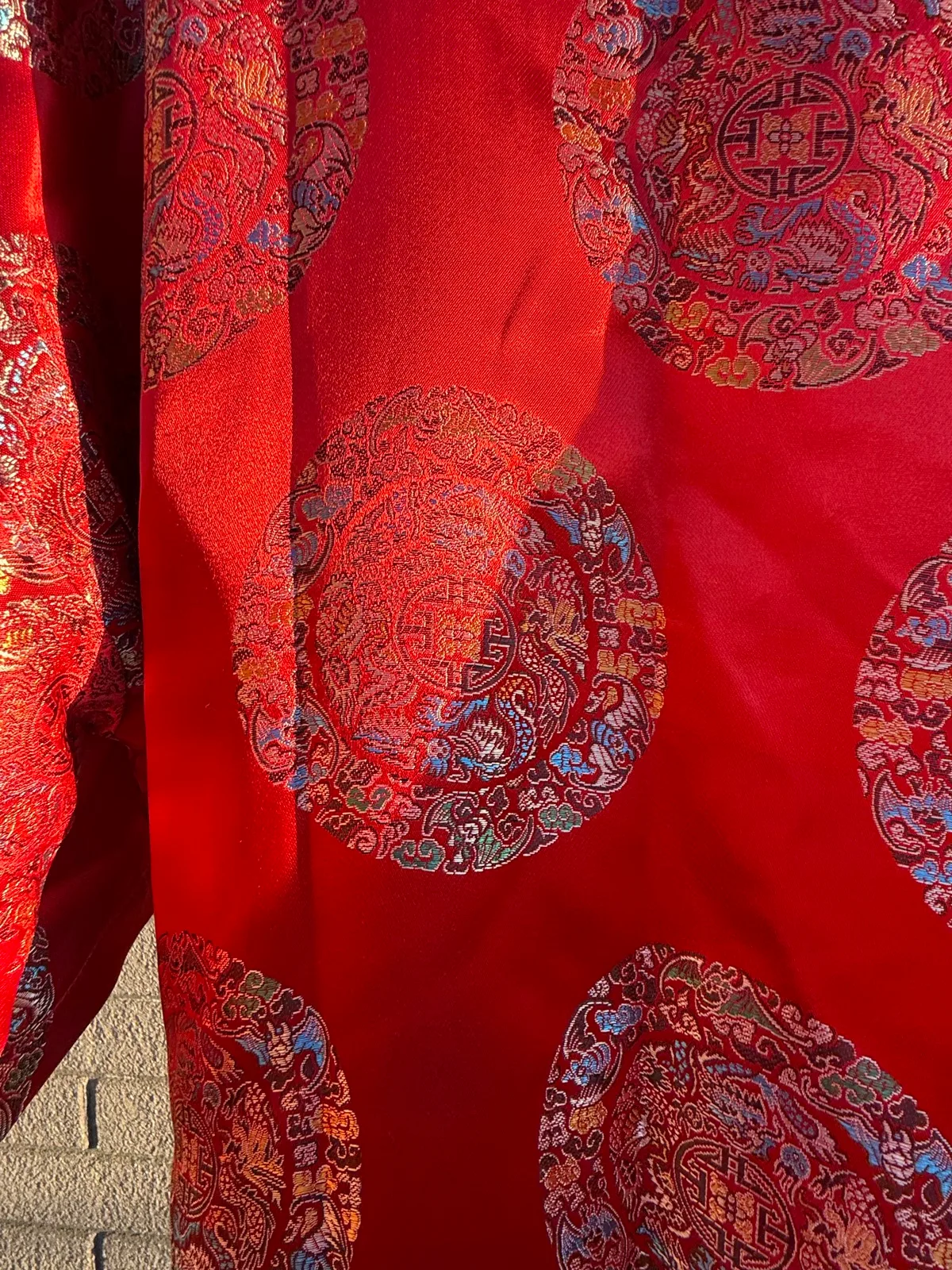 Vintage Double Peach 100% Silk Chinese Brocade Kimono Robe Dressing Gown Red Gol — photo 9