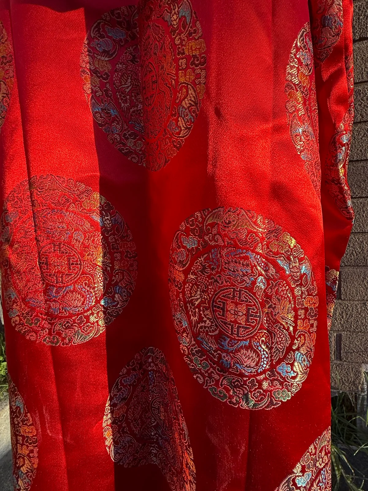 Vintage Double Peach 100% Silk Chinese Brocade Kimono Robe Dressing Gown Red Gol — photo 8