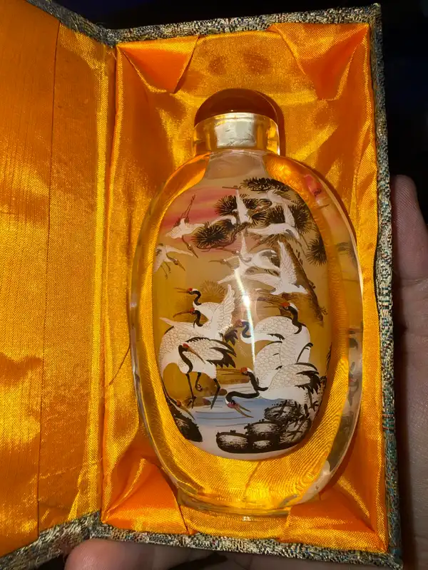 Vintage Chinese Inside-Painted Glass Snuff Bottle - Red-Crowned Cranes & Box