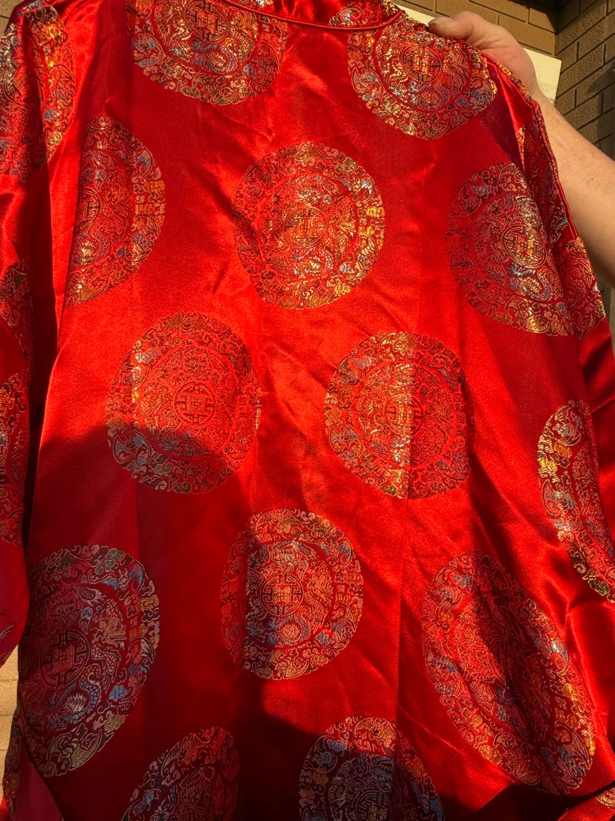 Vintage Double Peach 100% Silk Chinese Brocade Kimono Robe Dressing Gown Red Gol — photo 10