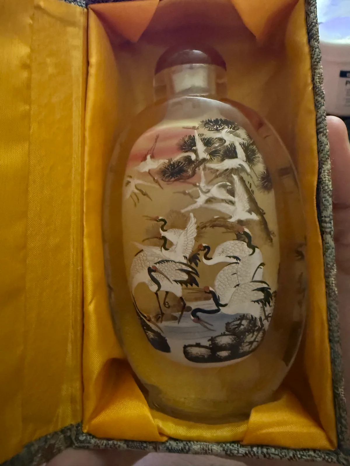 Vintage Chinese Inside-Painted Glass Snuff Bottle - Red-Crowned Cranes & Box – photo 12