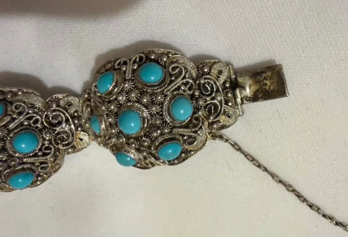 Vintage Chinese Export Silver Filigree Turquoise Panel Bracelet - Stamped – photo 2