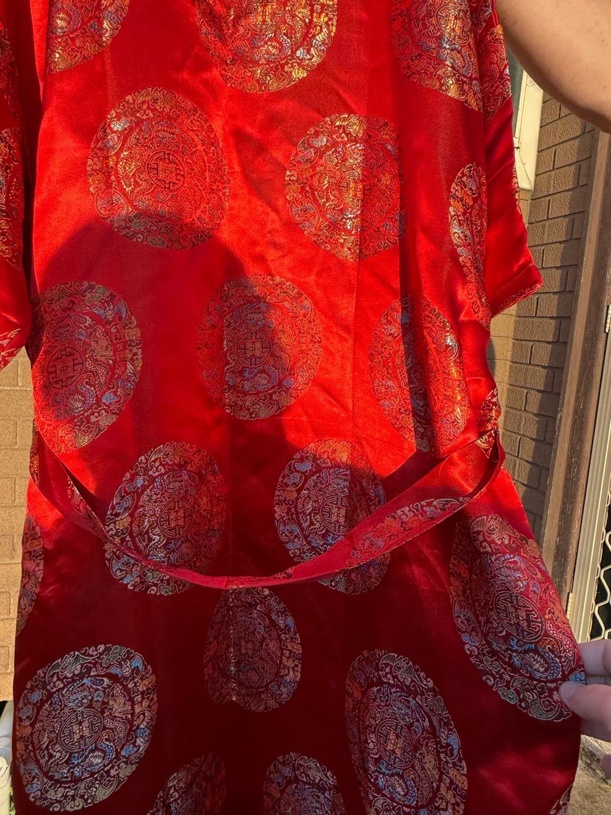 Vintage Double Peach 100% Silk Chinese Brocade Kimono Robe Dressing Gown Red Gol — photo 7