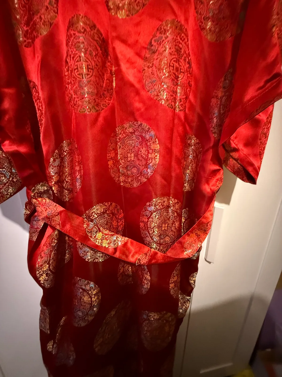 Vintage Double Peach 100% Silk Chinese Brocade Kimono Robe Dressing Gown Red Gol — photo 11