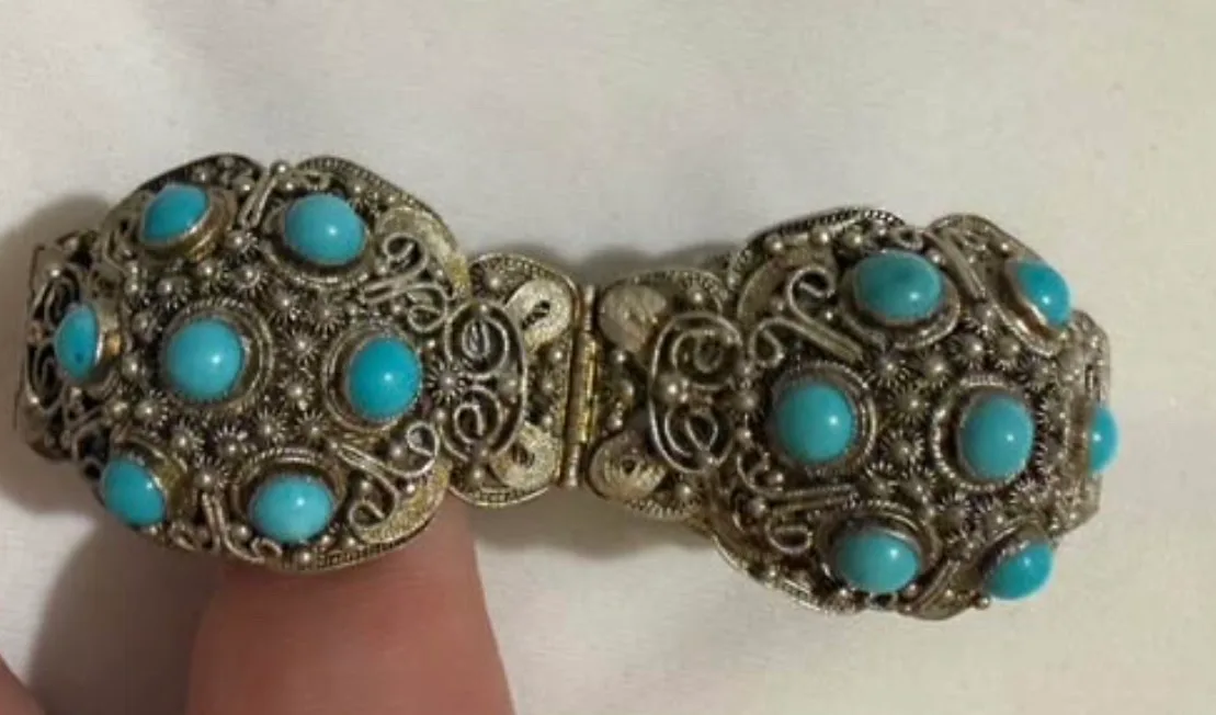 Vintage Chinese Export Silver Filigree Turquoise Panel Bracelet - Stamped – photo 9