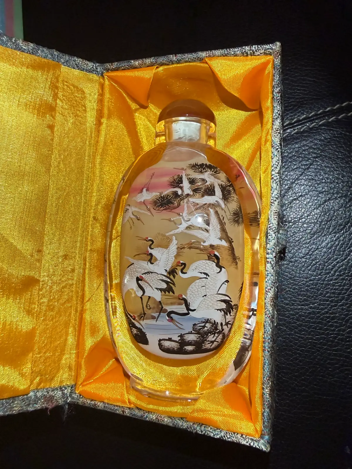 Vintage Chinese Inside-Painted Glass Snuff Bottle - Red-Crowned Cranes & Box – photo 9