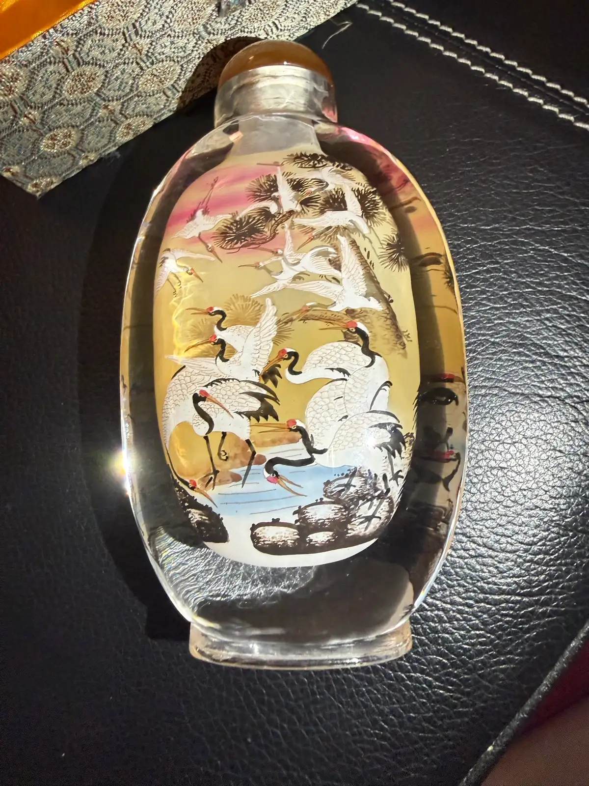 Vintage Chinese Inside-Painted Glass Snuff Bottle - Red-Crowned Cranes & Box – photo 6