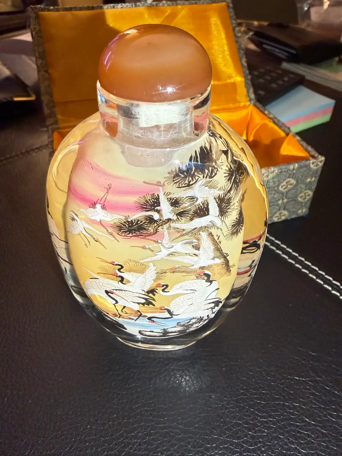 Vintage Chinese Inside-Painted Glass Snuff Bottle - Red-Crowned Cranes & Box – photo 2