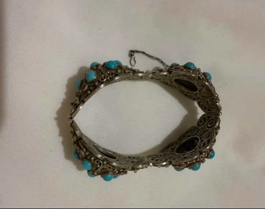 Vintage Chinese Export Silver Filigree Turquoise Panel Bracelet - Stamped – photo 5