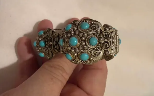 Vintage Chinese Export Silver Filigree Turquoise Panel Bracelet - Stamped