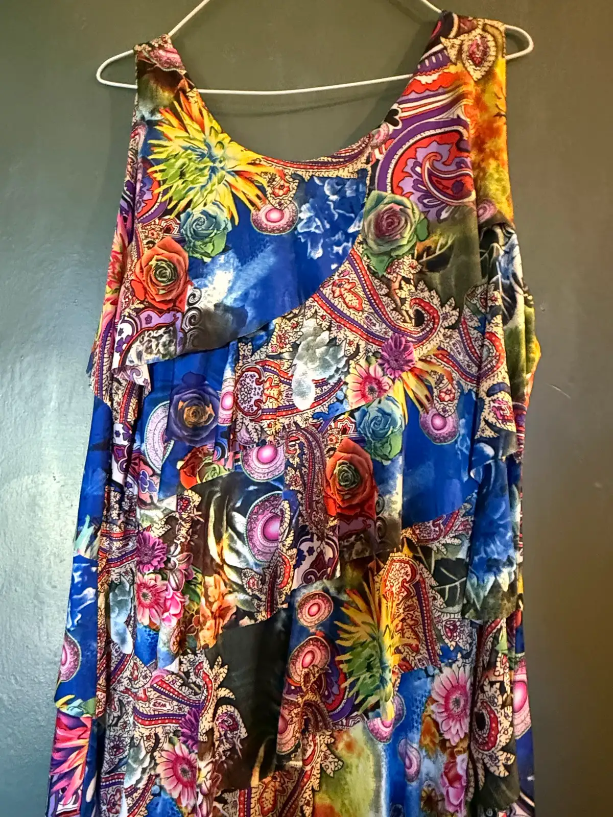 Caroline Morgan Paisley Floral Tiered Ruffle Dress Blue Multi Sleeveless Size 16 – photo 7
