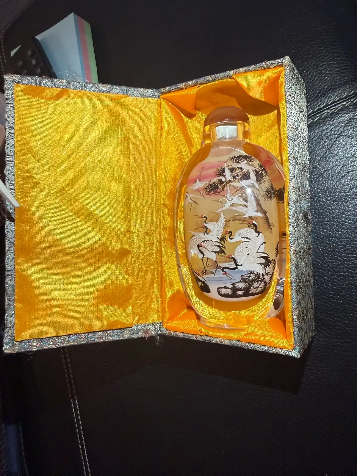 Vintage Chinese Inside-Painted Glass Snuff Bottle - Red-Crowned Cranes & Box – photo 8