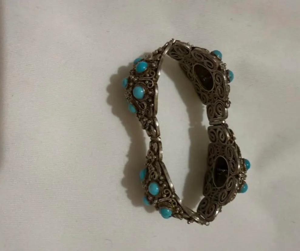 Vintage Chinese Export Silver Filigree Turquoise Panel Bracelet - Stamped – photo 4