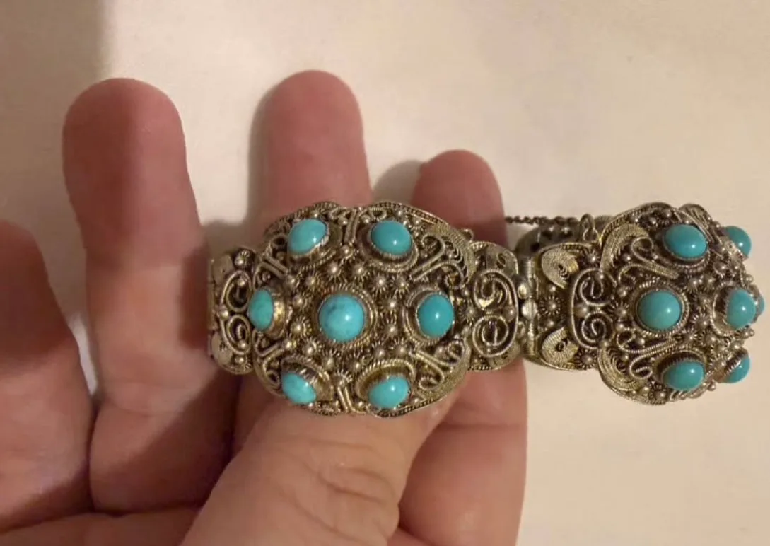 Vintage Chinese Export Silver Filigree Turquoise Panel Bracelet - Stamped – photo 7