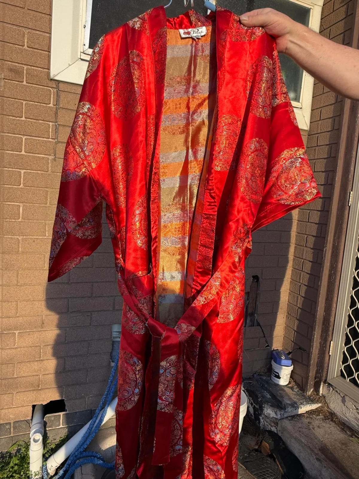 Vintage Double Peach 100% Silk Chinese Brocade Kimono Robe Dressing Gown Red Gol — photo 2